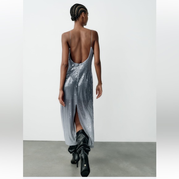 Zara Silver OMBRE Sequin Midi Dress Open Back spaghetti straps Slit size XS NWT - Picture 4 of 16